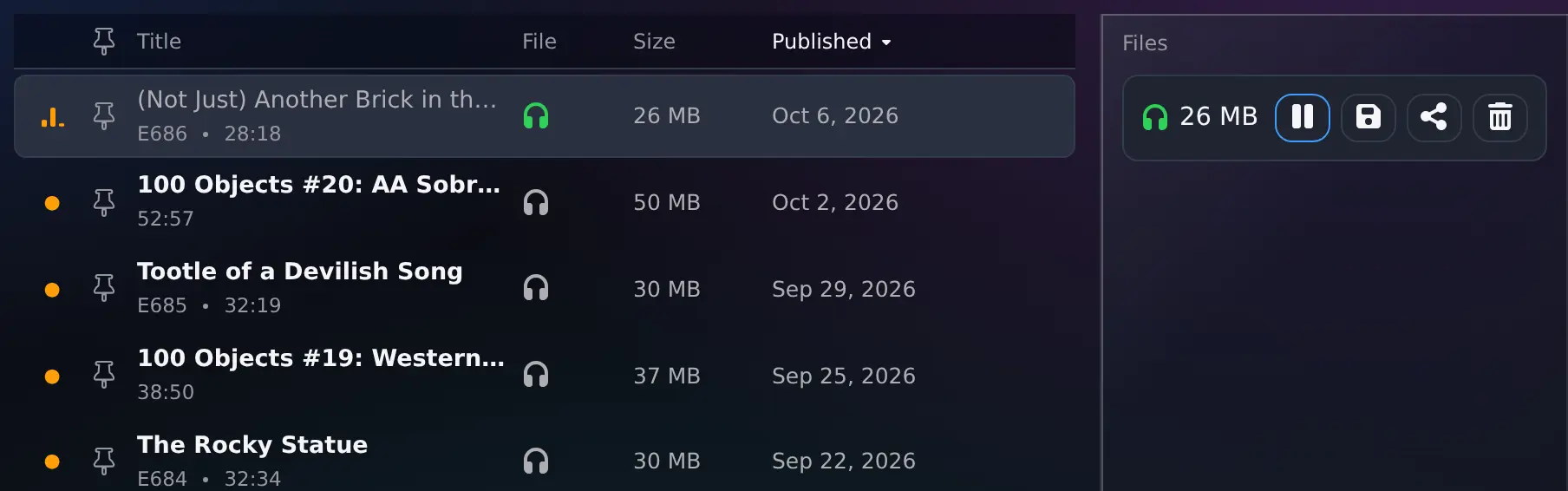 99% Invisible's episodes in a table with each one's size and date, and the downloaded one's file beside it, ready to play, save, share or delete.