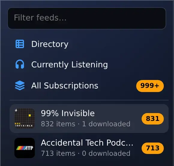 The feed list: Directory, Currently Listening and All Subscriptions, then each show with its cover and how many of its episodes are unread.